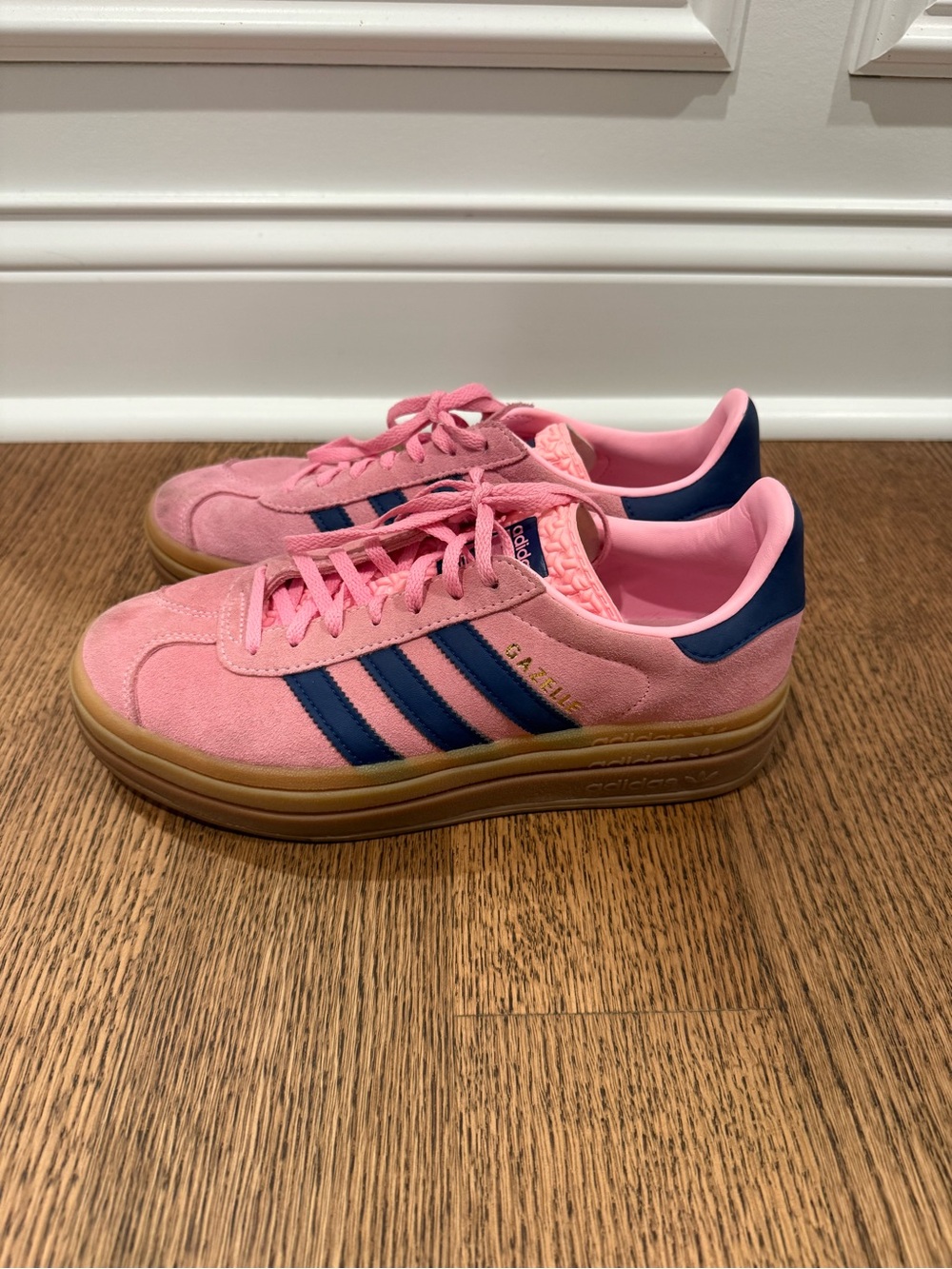 adidas Pink Suede Sneakers with Navy Stripes and Gum Sole